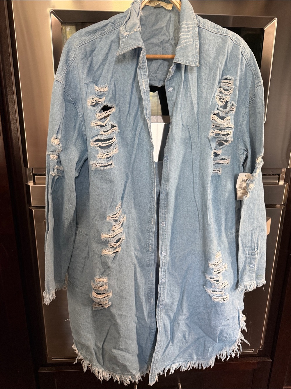 Hot & Delicious Light Wash Distressed Long Denim Jacket
